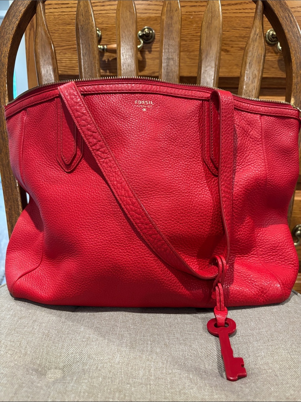 Fossil Red Pebbled Leather Tote with Key Charm
